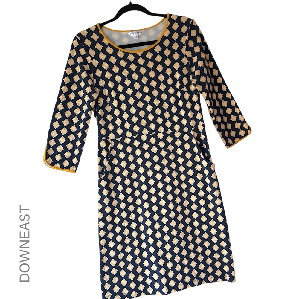 DOWNEAST | NWOT COTTON & MODAL DRESS 3/4 SLEEVES NAVY YELLOW POCKETS | SMALL